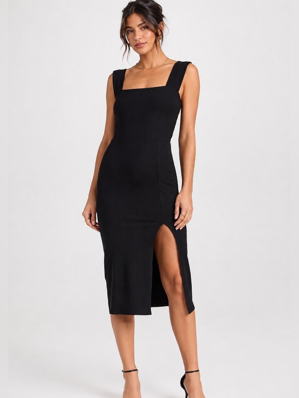 Reformation Black Ribbed Midi Dress Square‎ Neck Side Slit NWT
